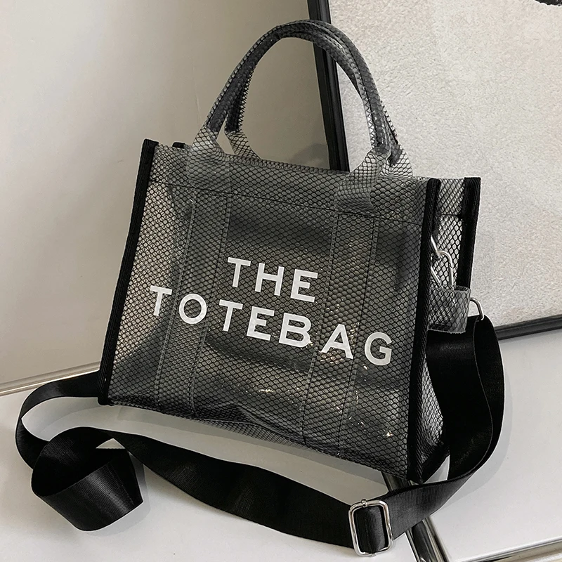 2023 Female Mesh Tote Bag Black Transparent Waterproof Summer Beach Women's Handbag Letter Print Ladies PVC Jelly Shoulder Bags
