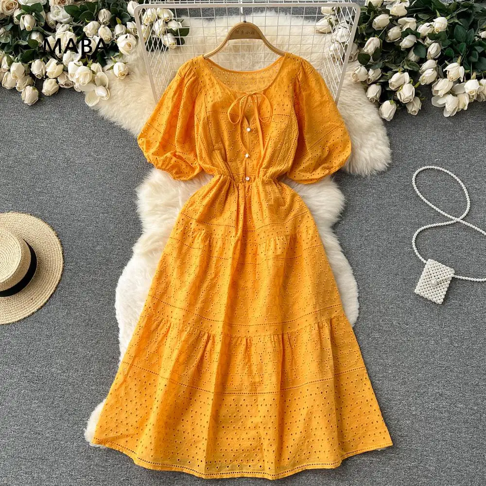 

Summer Women French Hollow Out Dress O-neck Puff Short Sleeve Elastic Waist Solid Color Elegant Sweet Beach Holiday Cotton Dress