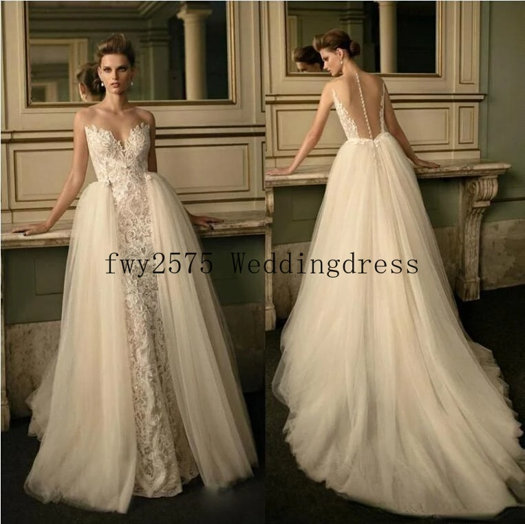 

Sexy New Vintage Lace Mermaid Wedding Dresses Illusion Back Covered Buttons with Detachable Train Tulle Bridal Gowns