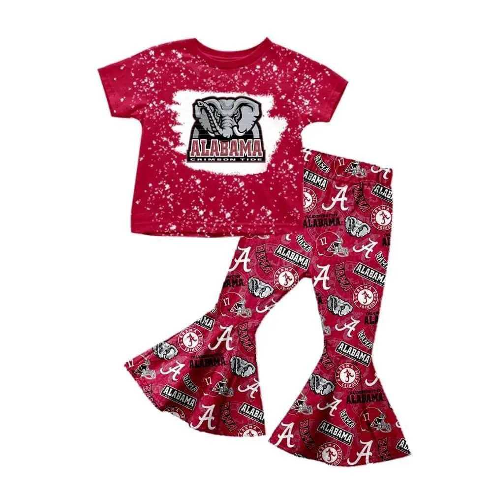 New Designer Baby Girls Clothing Sets Sports Team Elephant Printing T-shirts Flare Bell Bottom Pants for Kids Outfits Boutique