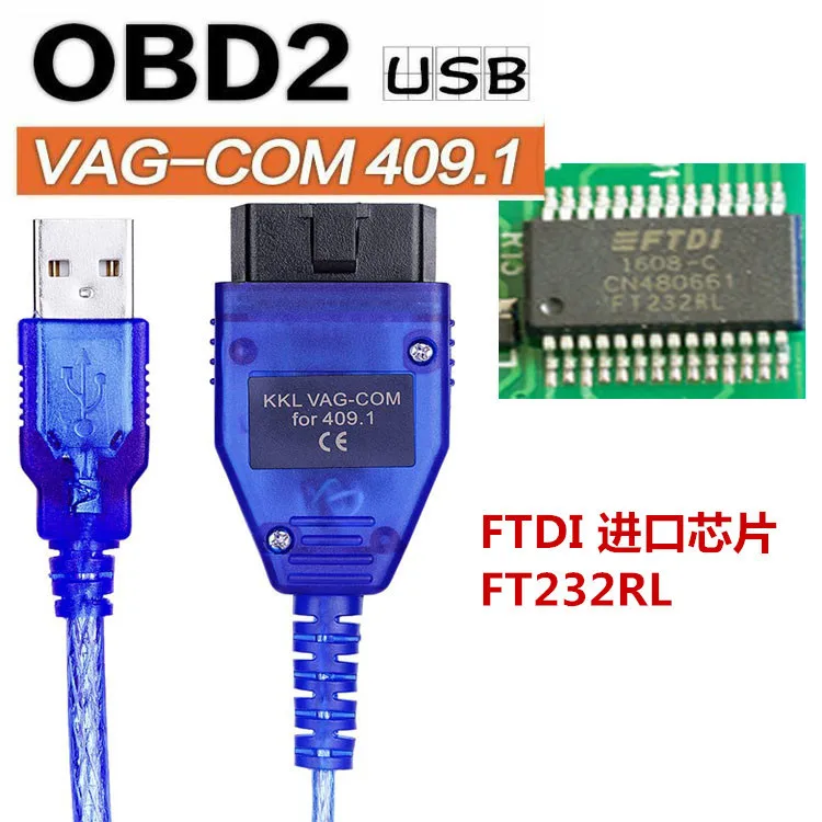 Фото Диагностический кабель OBD2 для автомобилей с чипом FTDI FT232RL 409 KKL, USB-интерфейс, сканер ECU №1