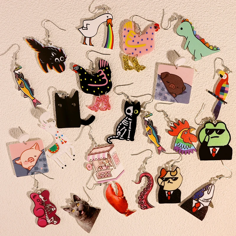 Earrings For Women Girls Hip Hop Cute Exaggeration Special Creativity Jewelry Animal Chicken Cat Dinosaur Rainbow