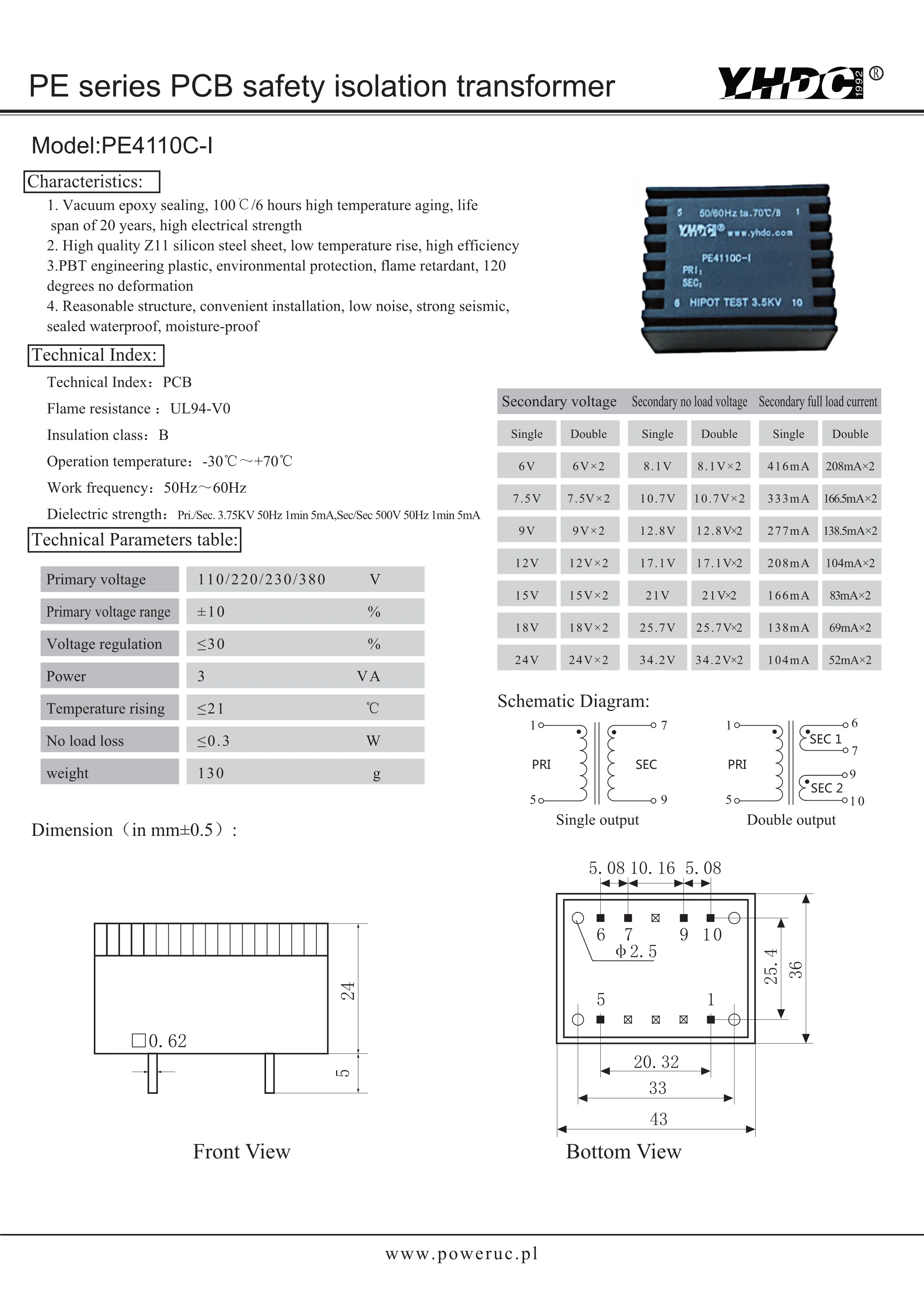 YHDC PE4110C-I мощность 3VA входное напряжение 110 В Выход 2*18 в Инкапсулированный