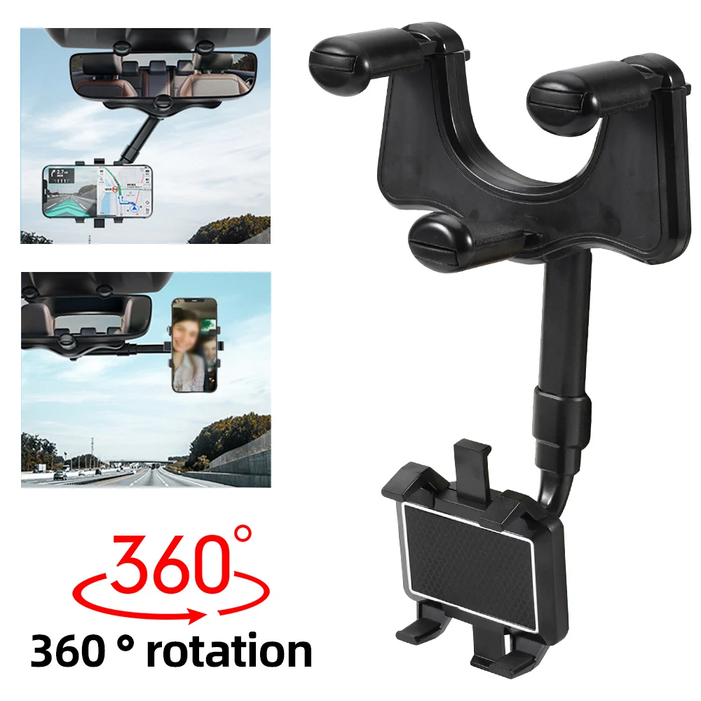 

360° Rearview Mirror Mount Car Phone Holder Universal Phone Stand Rotating Adjustable Telescopic GPS Mobile Phone Support