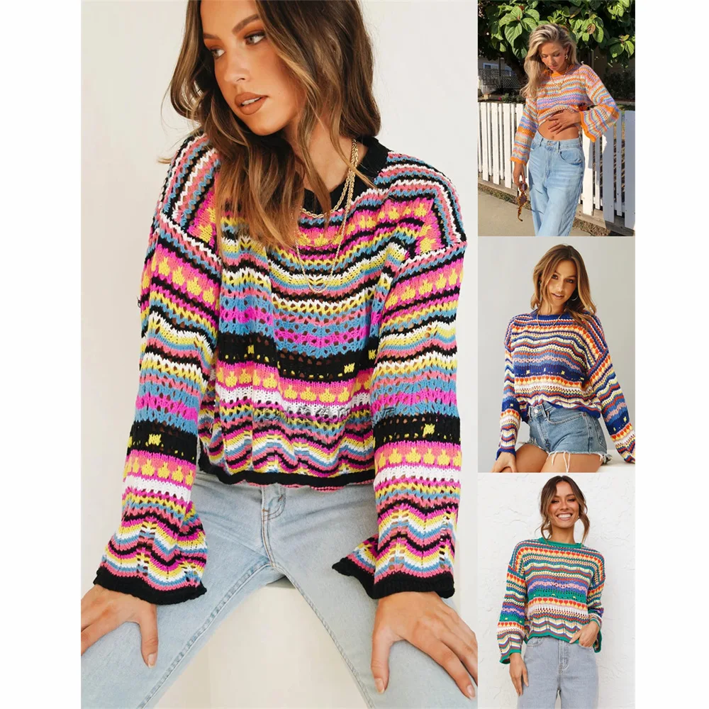 

2023 Autumn and Winter New Women's Stitching Loose Round Neck Striped Sweater Temperament Elegant Slim Blouse Sweater Ladies