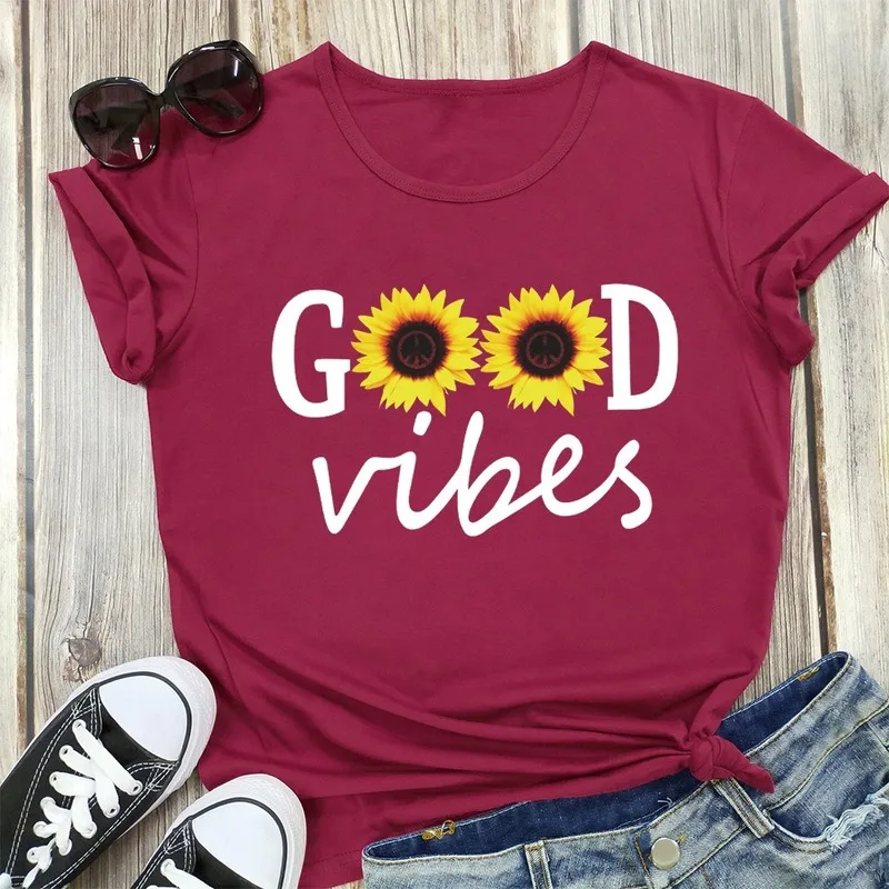 GOOD VIBES Letter Sunflower Print T Shirt Women Short Sleeve O Neck Loose Tshirt Summer Women Tee Shirt Tops Camisetas Mujer
