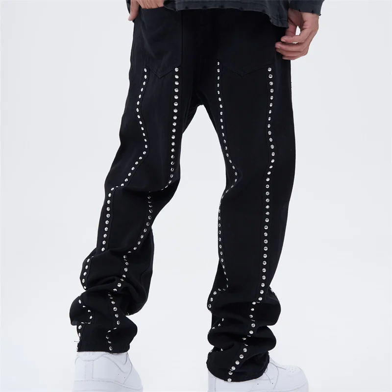 Fashion Punk Rivet Denim Jeans Pants Mens New Casual Zipper Straight Harajuku Trouser Hip Hop Streetwear Pant Joggers Men Jeans