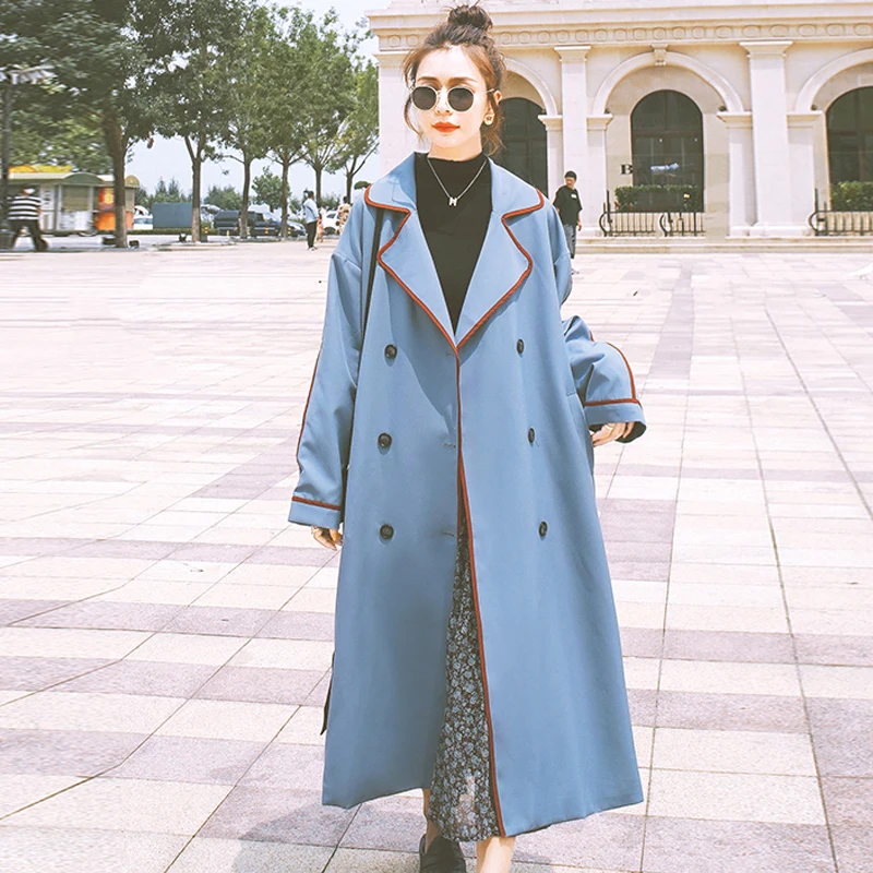 

Модное женское пальто YASUGUOJI, синее длинное двубортное пальто с поясом, весна-осень, женская Свободная верхняя одежда в Корейском стиле