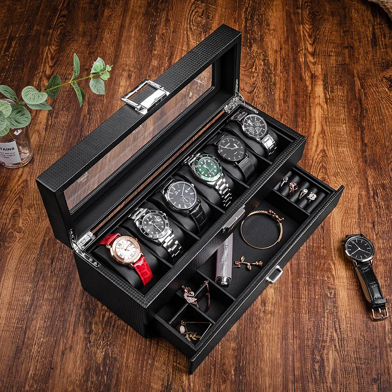 Carbon Fiber Watch Box Leather Jewelry Storage Boxes  Ring Bracelet Black Watch Box Case Organizer Display Pillows Gift Ideas