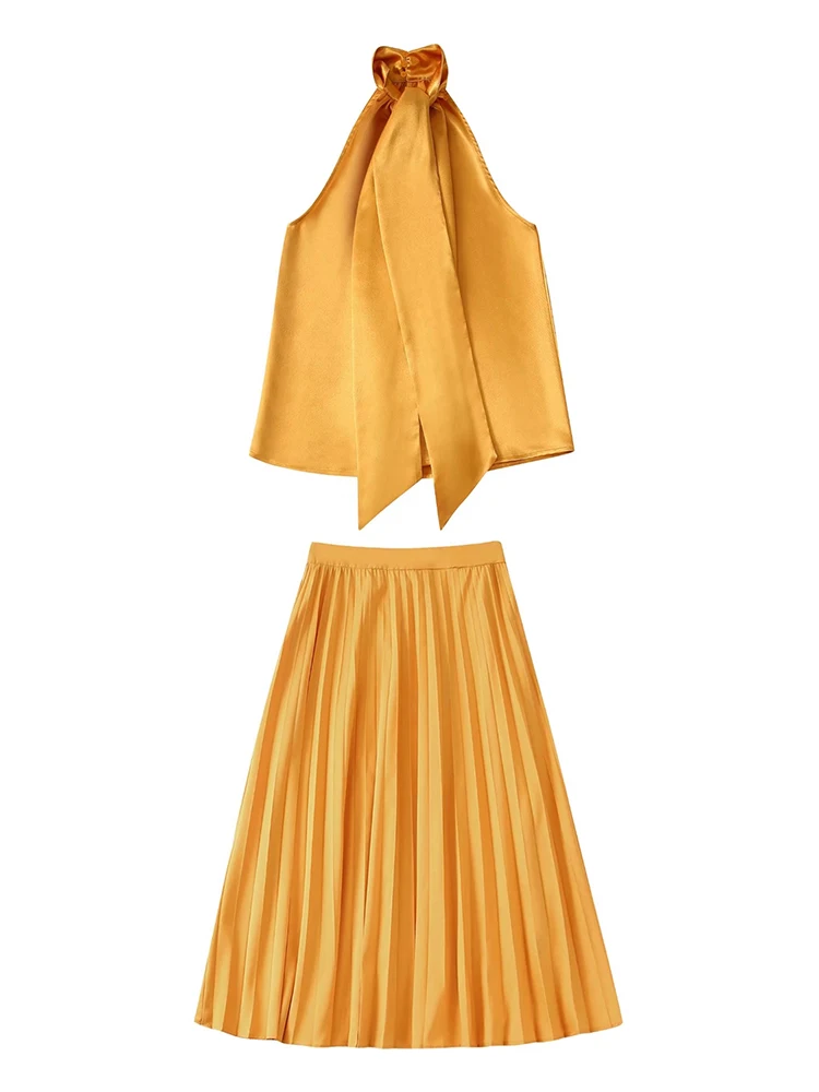 

Summer Sets Womens Outfits Office Lady Elegant Co Ord Set Women Halter Tie Neck Satin Top And Pleated Midi Skirt Two Piece Set