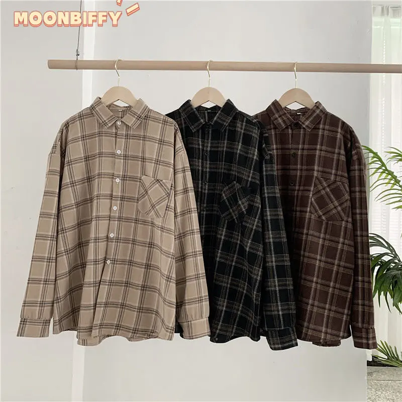 

2022 Autumn Plaid Shirt Women Oversize Blouse Ladies Tops Loose Korean Style Long Sleeves Jumper Feamle Streetwear Chemise Femme