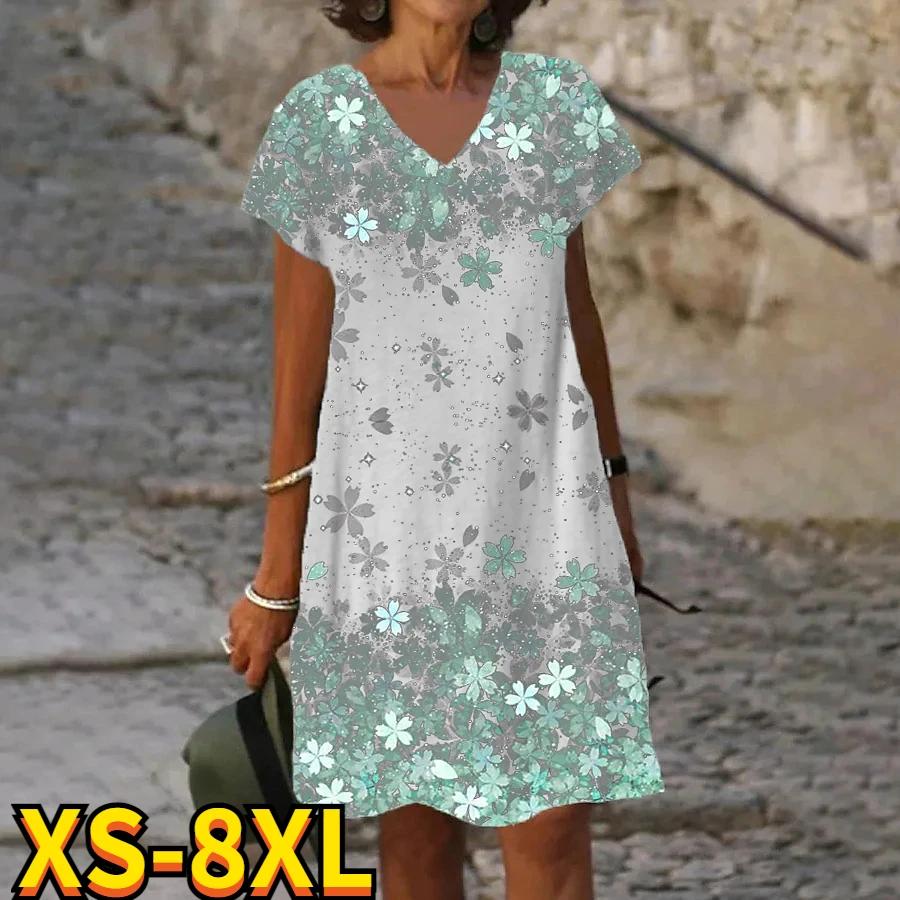 

Women's Floral Theme Printed Painting New Dress Knee Length V Neck Female Casual Dress Fashionable Design Summer 2022