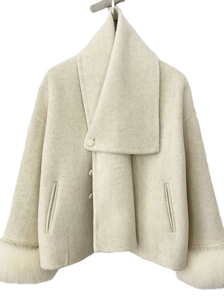 LANMREM шарф съемное шерстяное пальто с манжетами из лисьего меха темпераментное