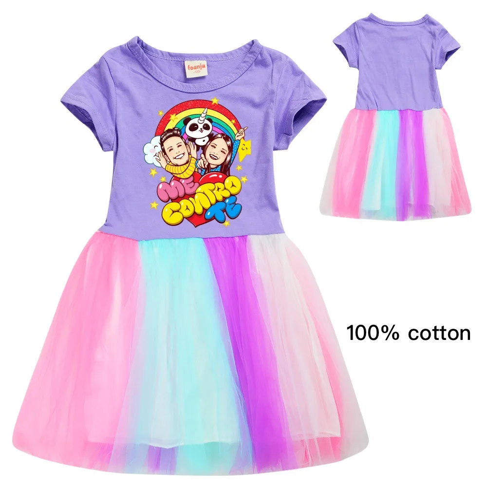 

Cotton Me Contro Te Rainbow Lace Princess Dress 2022 Kids Dresses for Girls Fashion Cartoon Cat Knee-Length Vestidos Robe Enfant
