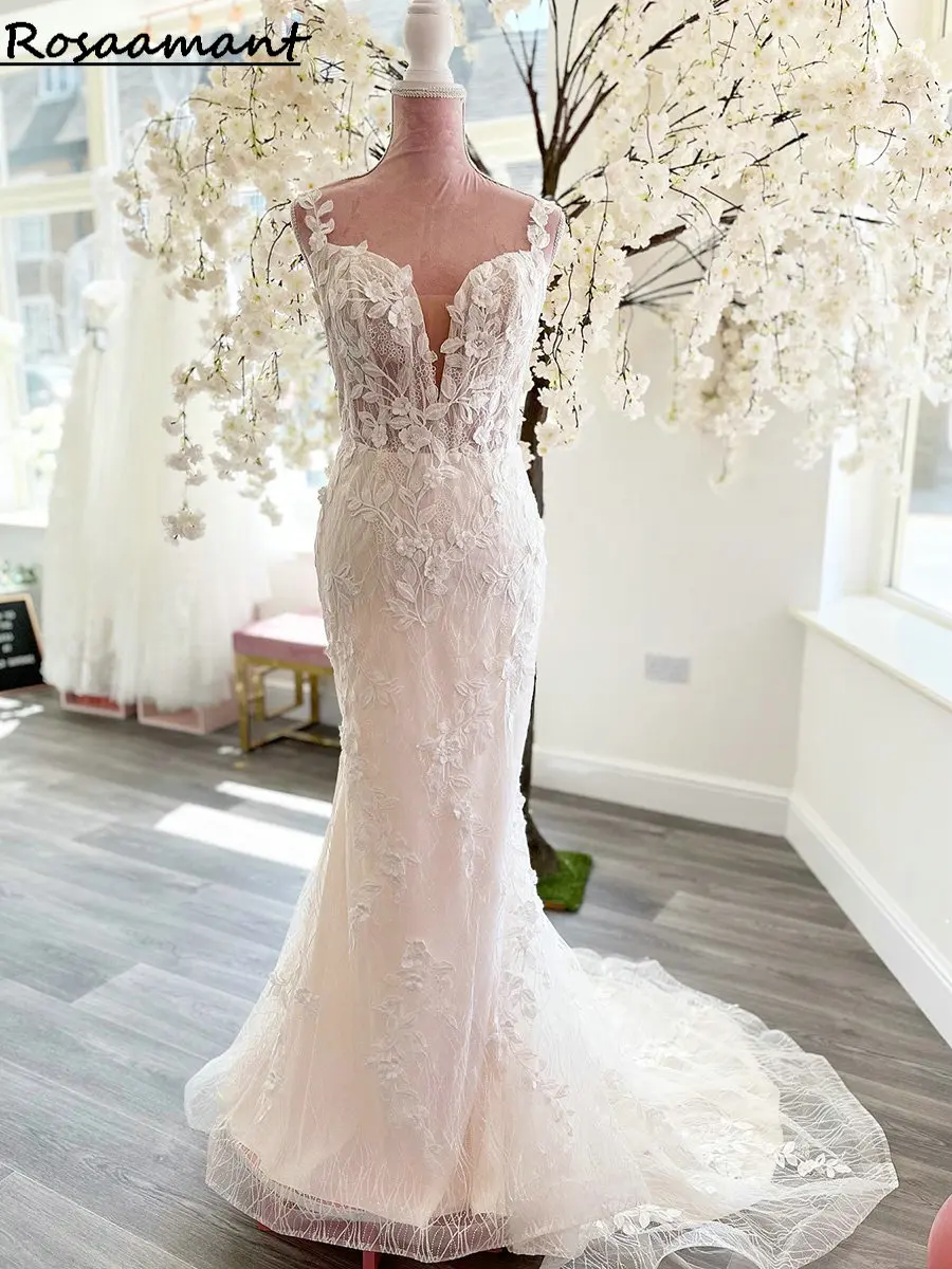 

Real Image Sweetheart Backless Crystal Mermaid Wedding Dresses Spaghetti Straps Appliques Lace Boho Bridal Gowns