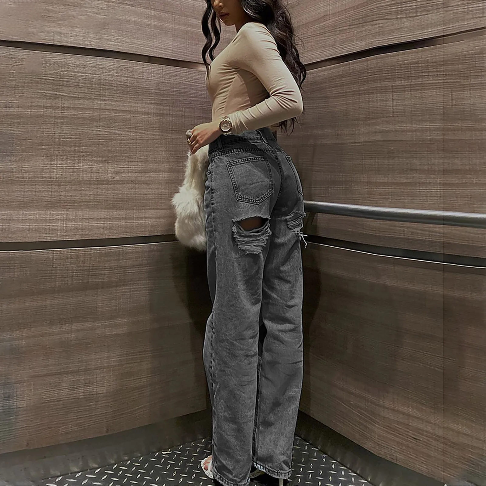 

Women High Waist Ripped Jeans Wide Leg Straight Casual Hip Hop Baggy Elegant Jean Femme Mujer Pantalones Denim Y2K Pants Trouser