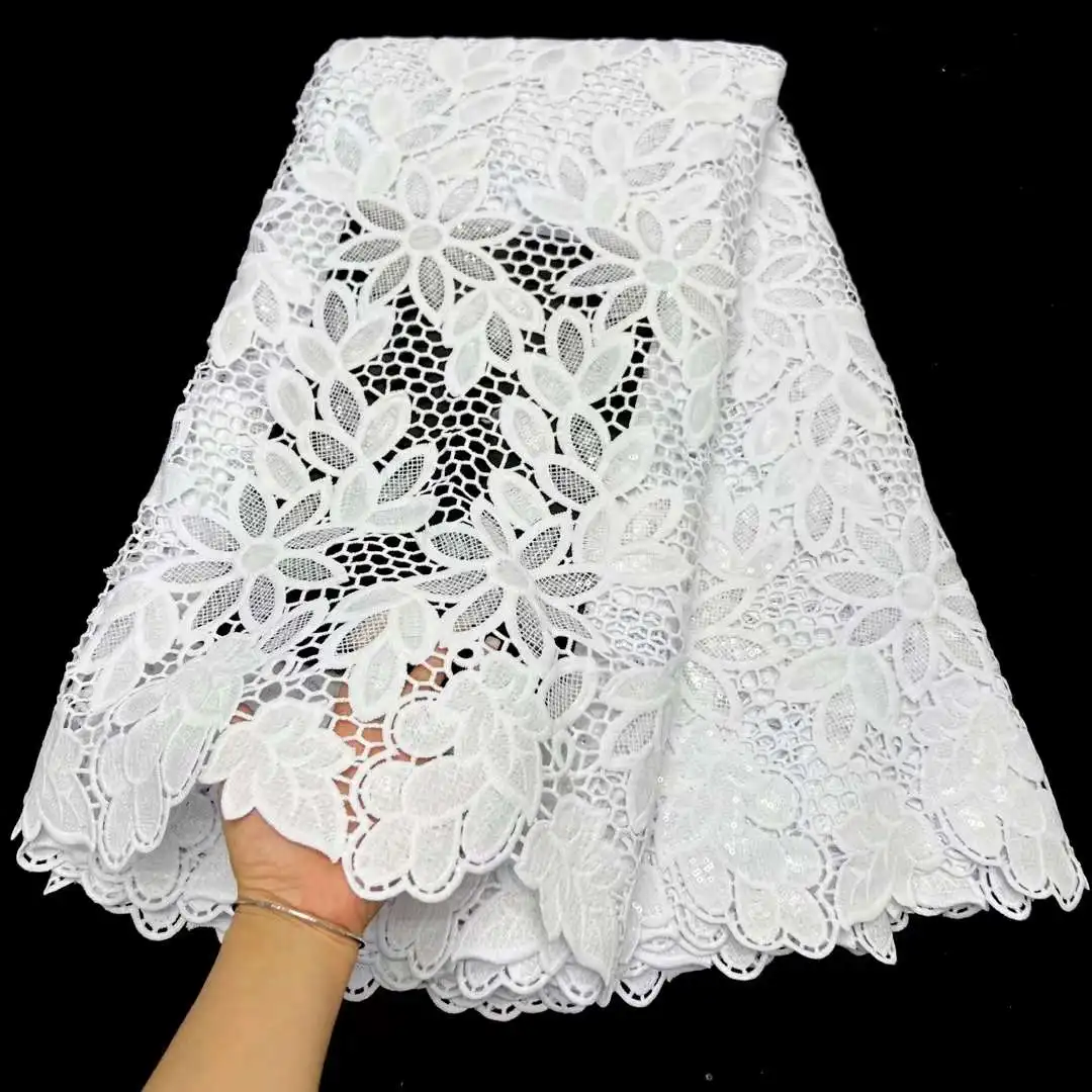 

White African Milk Silk Cord Lace Fabric 2023 High Quality Water Soluble Nigerian French Guipure Cord Lace For Wedding Sewing