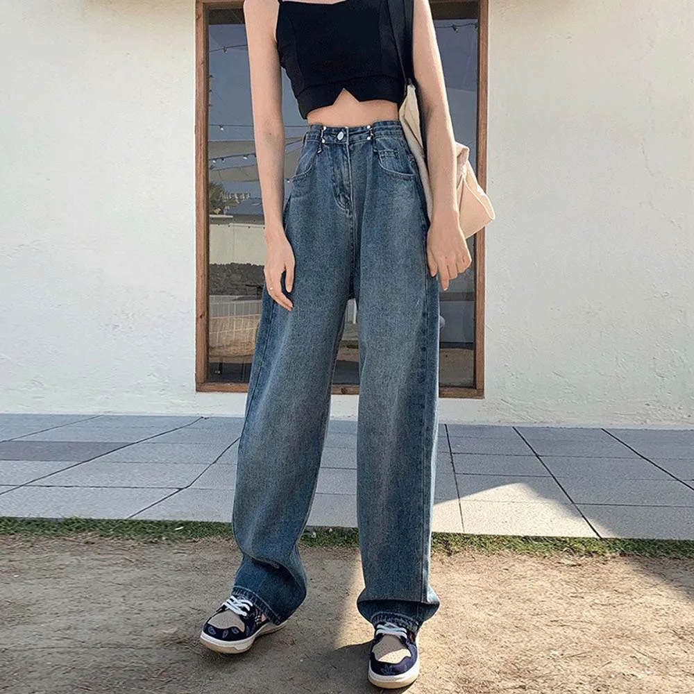 Retro wide leg Big yards jeans for women summer high waist thin hyuna straight pants loose drag feel dad pants джинсы женские