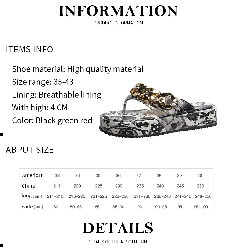 Women's Slippers Summer PU Leather Flat with Chain Flip-flops Plus Size Beach Flatform Shoes