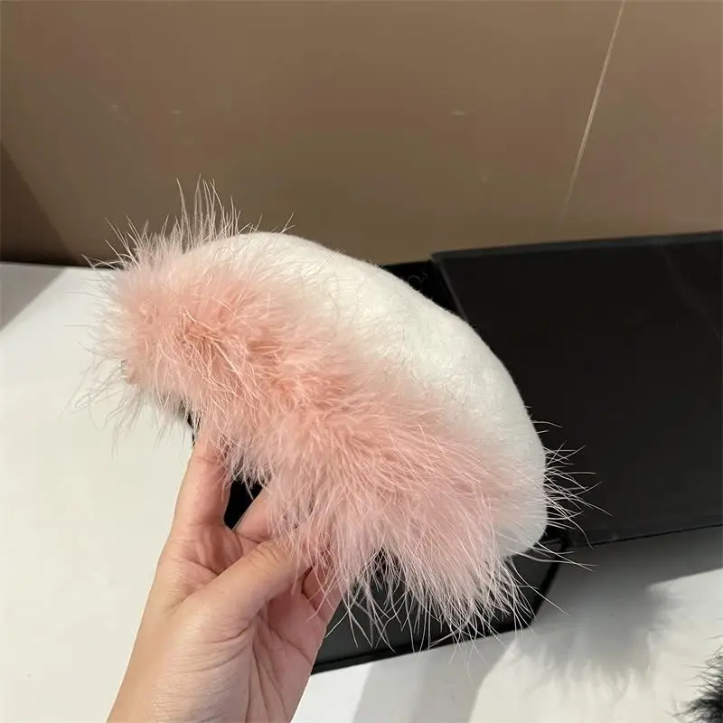 

202309-shi chic dropshipping winter Self design wool Feather rhinestone lady beret cap women Leisure painter hat