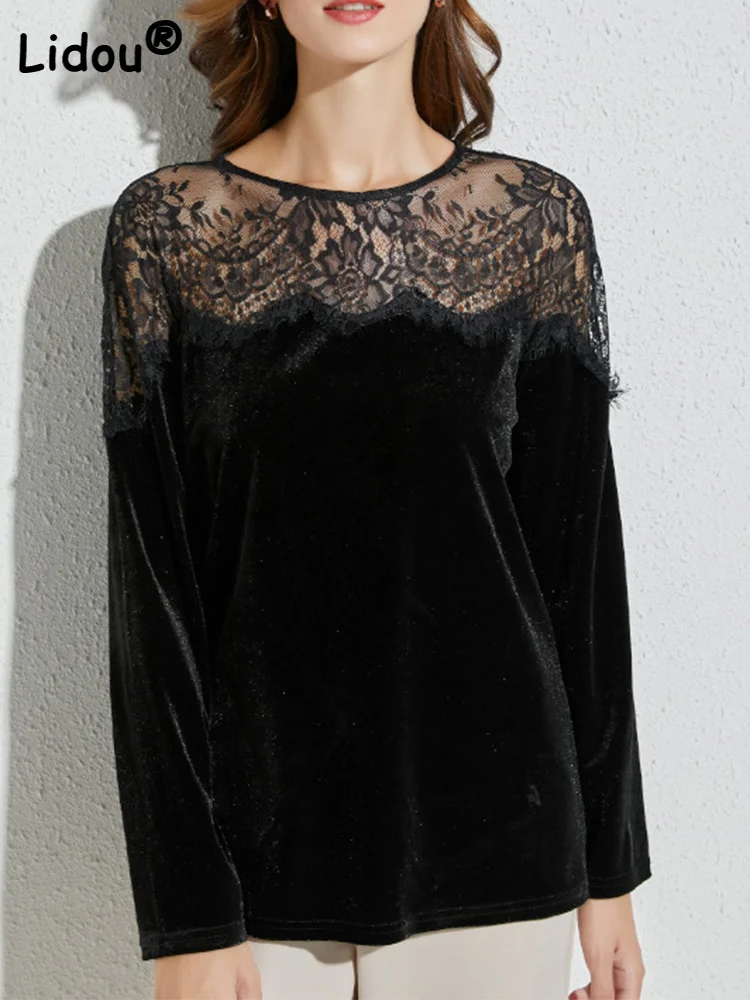 

Stitching Gold Velvet Lace Solid Color T-shirt Summer Round Neck Top Women Temperament Commuter Basic&Casual All-match T Shirt