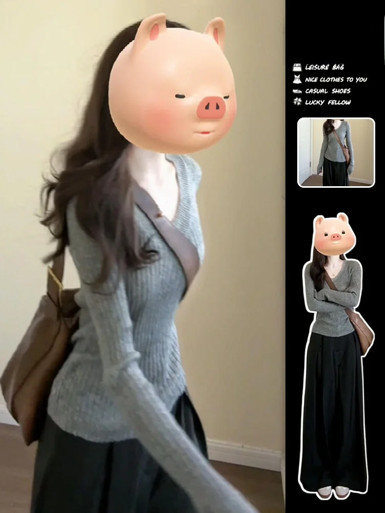 Gray V-neck Knit Sweater Women 2024 New Early Autumn Chic Beautiful Slim fit Long sleeve Top