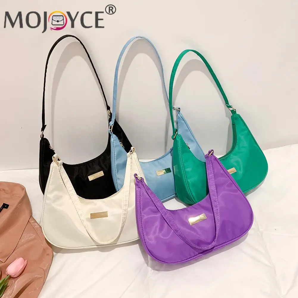 

Casual All-match Women Solid Color Crescent Shape Shoulder Underarm Bag Fashion Nylon Zipper Travel Messenger Handbags