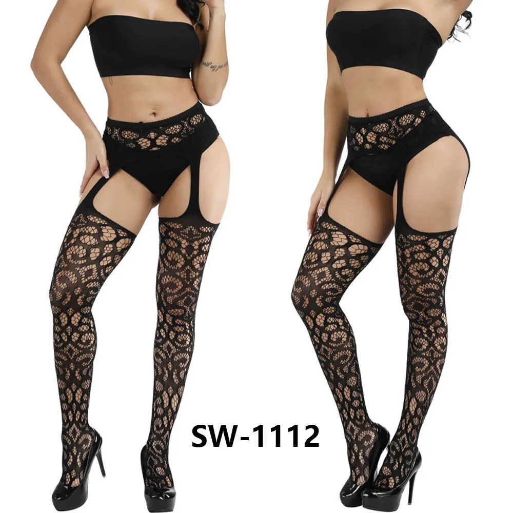 

Lady Sexy Fashion Elastic Fishnet Conjoined Garter Black Stockings Pantyhoses Lace Mesh Jacquard Women Bottoming Body Long Socks