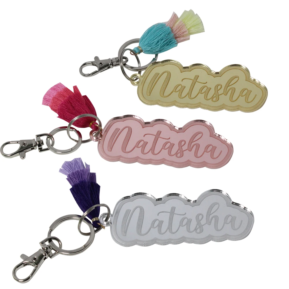Personalized Engraved Acrylic Keychains With Tassel Custom Mirror Name Key Tags Clear Key Ring Keychain Backpack Diaper Bag Tag