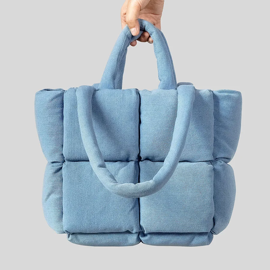 

Fashion Denim Soft Puffer Bag Designer Padded Women Handbags Down Cotton Lady Shoulder Bags Warm Winter Tote Bag 2023