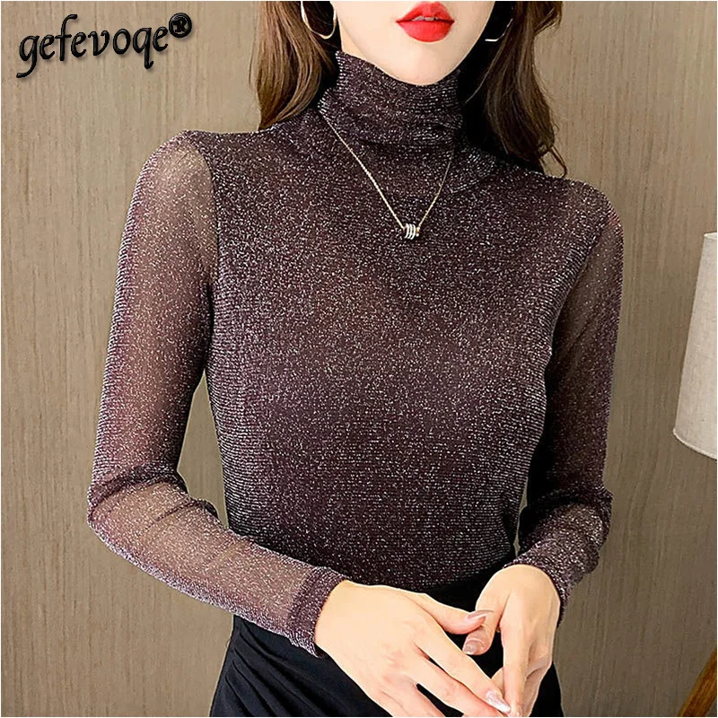 2022 Spring Korean Solid Turtleneck Long Sleeved T-shirt Bling Mesh Fabric Tshirt Elegant Fashion Temperament Inside Top Women