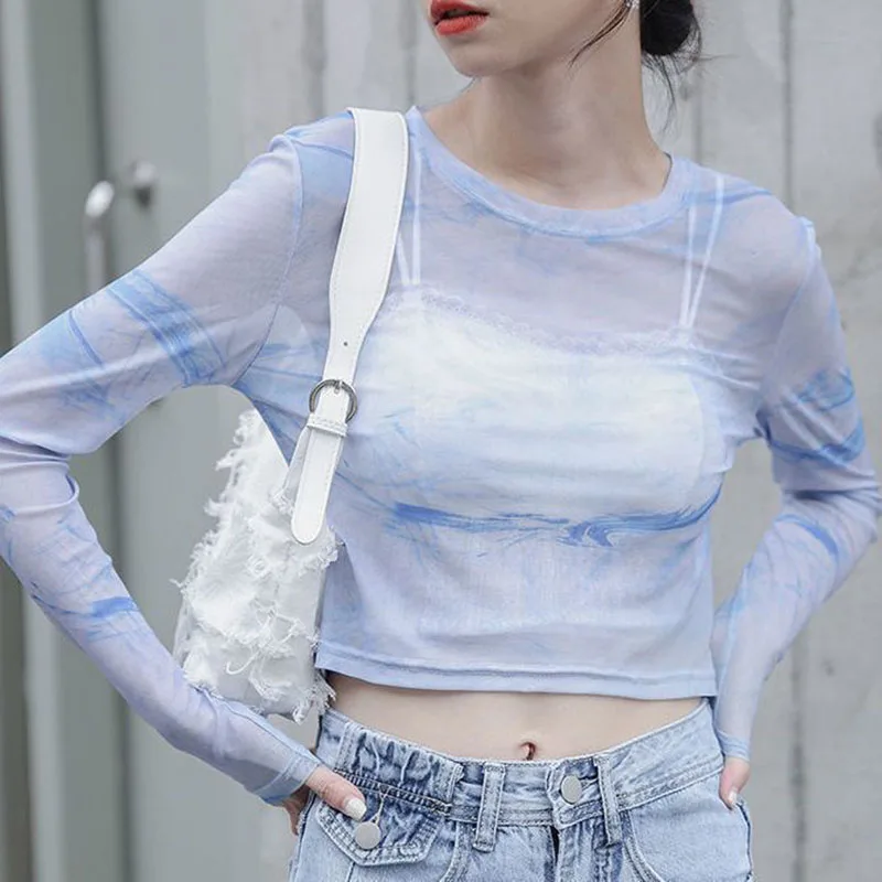 

Lucyever Tie Dye Print Chiffon Blouse Women Summer Thin Ice Silk See Through T-Shirts Woman Casual Long Sleeve Sunscreen Shirts