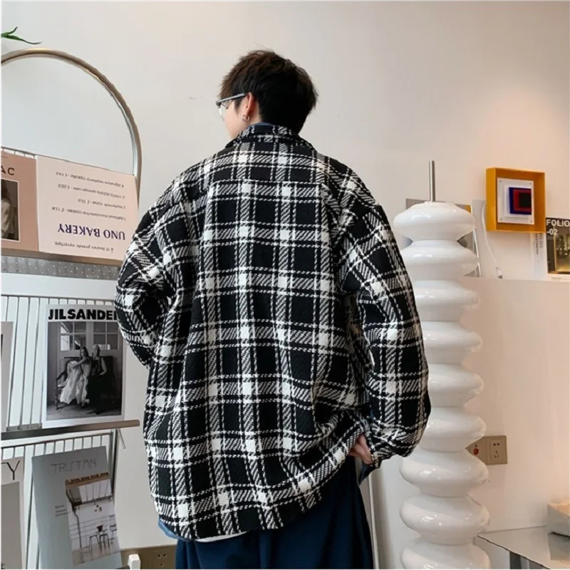 Men's Fashion Plaid Shirt Spring and Autumn Korean Version Loose Casual Shirt Jacket Ins  Men Long Sleeve Button Shirt
