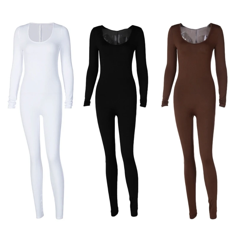 

Женский однотонный комбинезон Y5GC, базовый цельный комбинезон с длинным рукавом, круглым вырезом и высокой талией, длинные брюки, Облегающий...