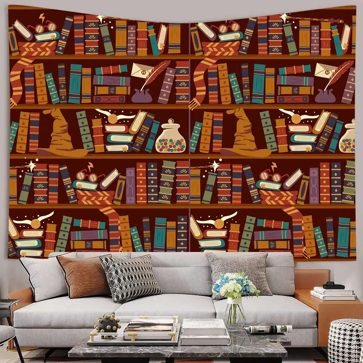 

Retro Bookshelf Tapestry Art Book Wall Hanging Cover Bedspread Throw Home Bedroom Decor Mysterious Library