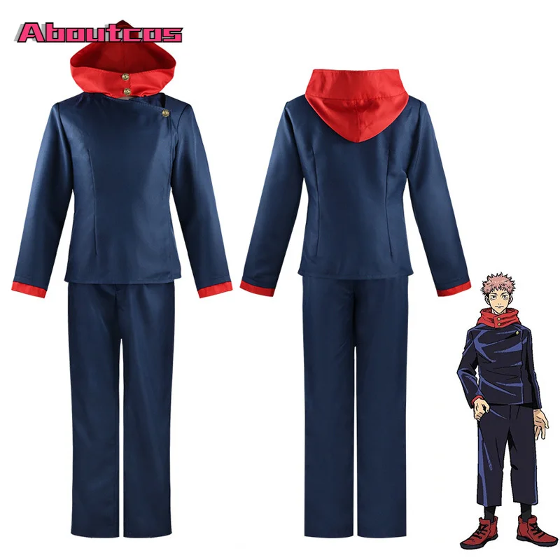 

Aboutcos Anime Jujutsu Kaisen Itadori Yuji Cosplay Costumes Top Pants Unisex Halloween Party Anime Men's Hair Wig Uniform Set