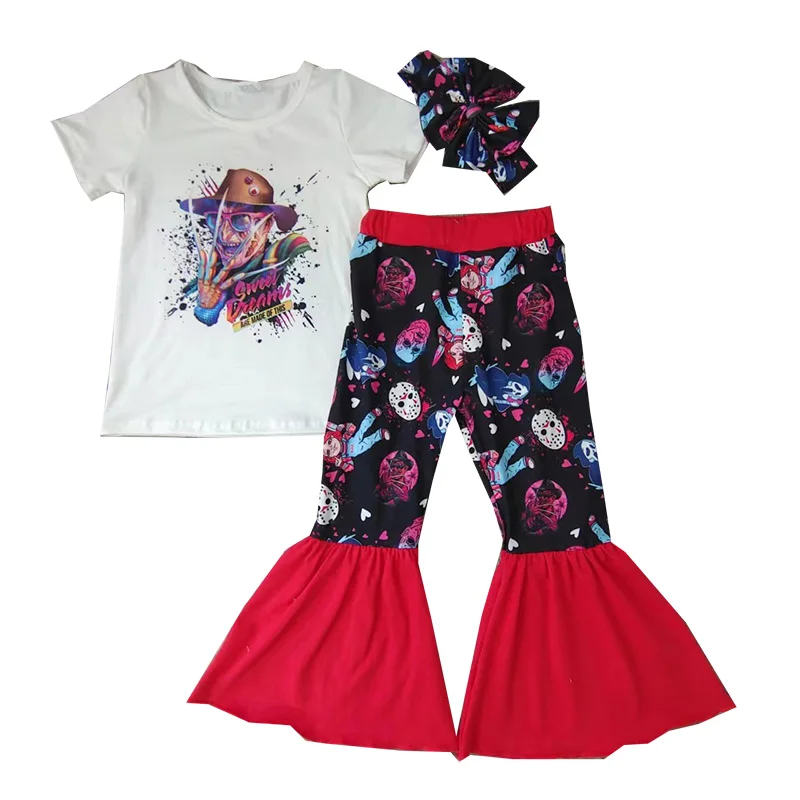 

Boutique Kids Clothing Halloween Outfits Singer Short Sleeves Top Floral Skull Print Bell Pants Girls Sets