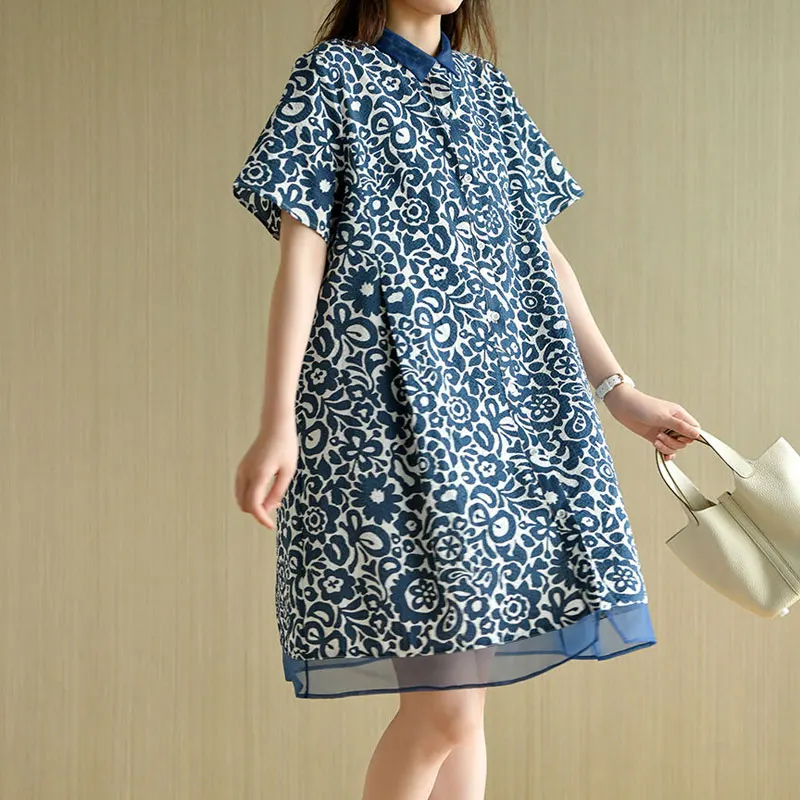 

2023 Vintage Printed Polo-Neck Straight Midi Casual Dresses Women's Clothing Short Sleeve Summer All-match Gauze Patchwork Dress