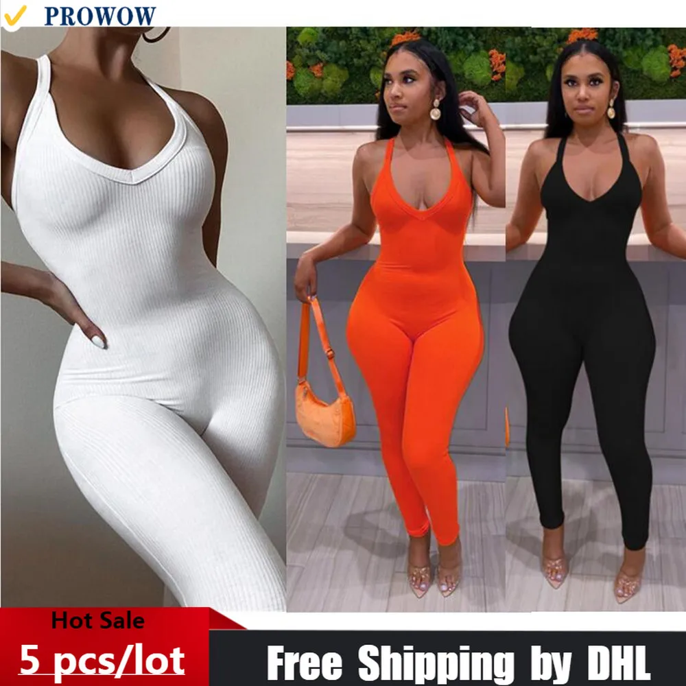 Bulk Items Wholesale Lots Women Jumpsuit Sexy Bodycon Lady Romper Pants Ribbed Backless 1 Piece Outfit Casual Solid Overall 8297