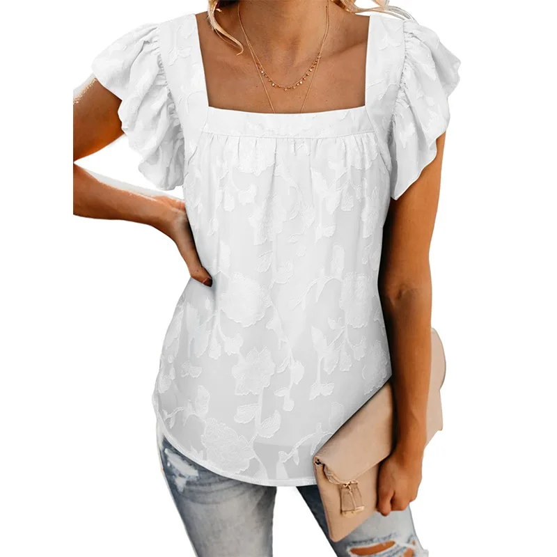 

Flying Sleeve Blouse Women Top Square Neck Chiffon Top Chiffon Solid Casual Loose Top Sweet Women Blouses