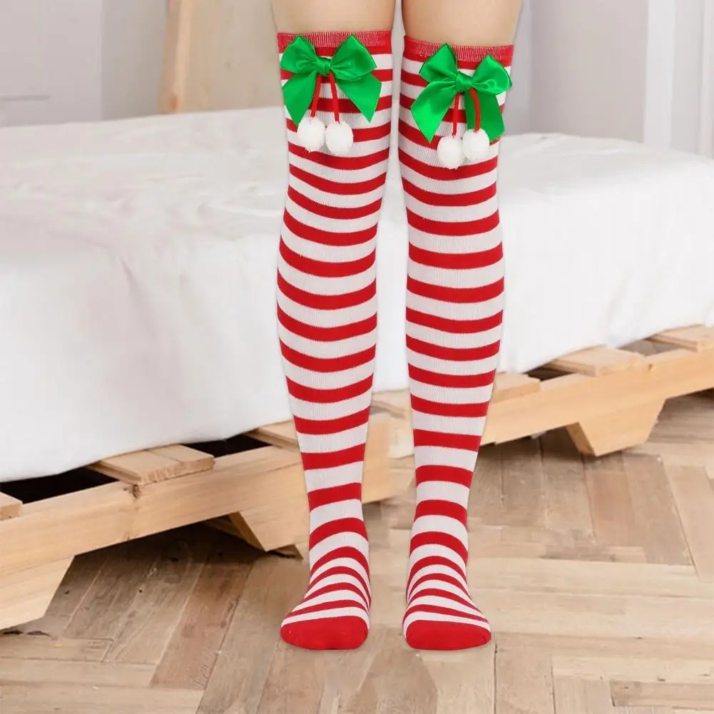 

Comfortable Christmas Stockings Christmas Themed Women's Over Knee Socks Festive Striped Print Solid Color Bowknot For Thigh