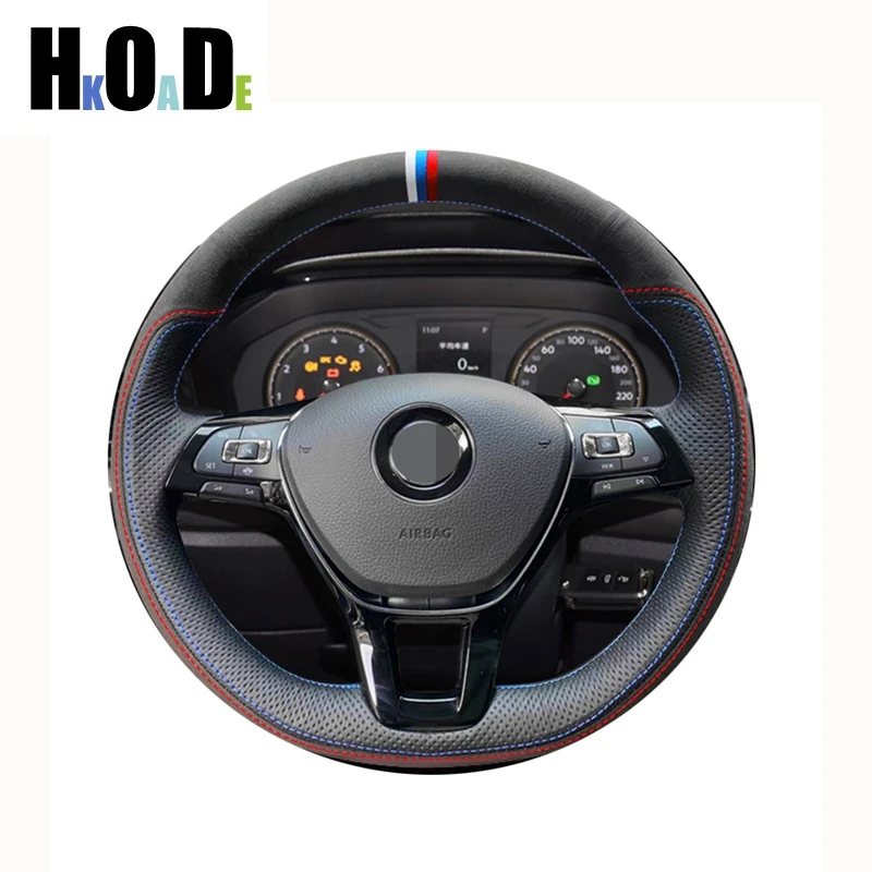 

For Volkswagen VW Golf 7 Mk7 New Polo Jetta Passat B8 DIY Hand-stitched Black Suede Genuine Leather Car Steering Wheel Cover