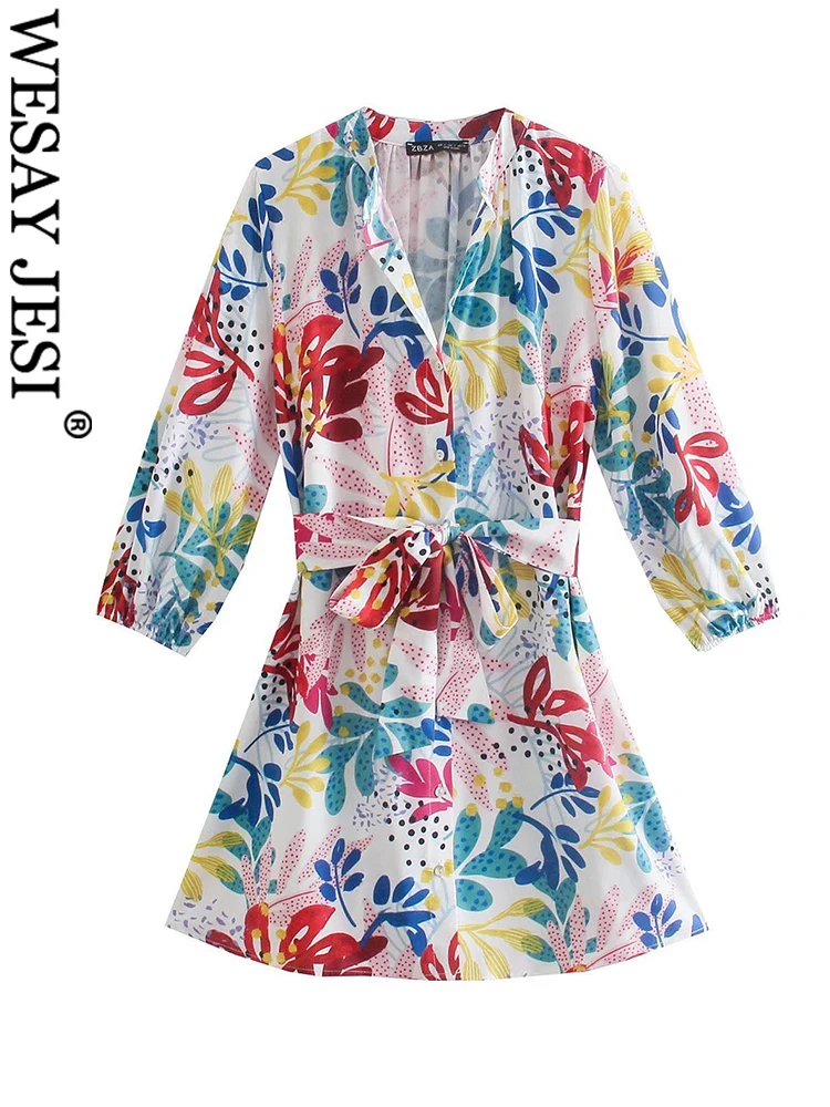 

WESAY JESI Print Shirts Women Dress Cardigan Buttons Long Sleeve Belt Bow Chic Botanical Floral Short Dress Slim Casual Commuter