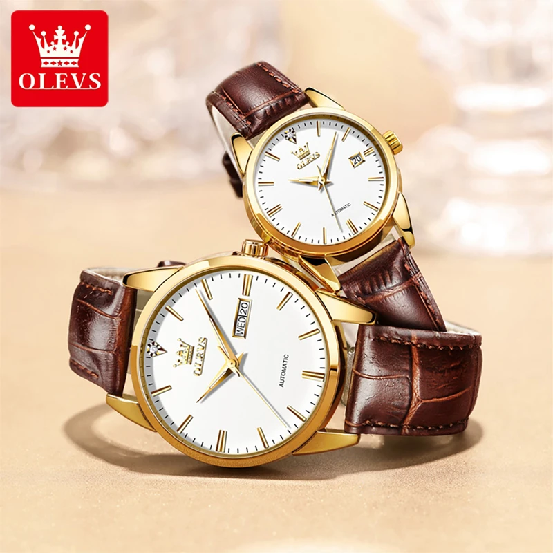 OLEVS Couples Watch Fashion Casual Automatic Mechanical Watches Top Brand Luxury Leather Wristwatches for Men Women Clock