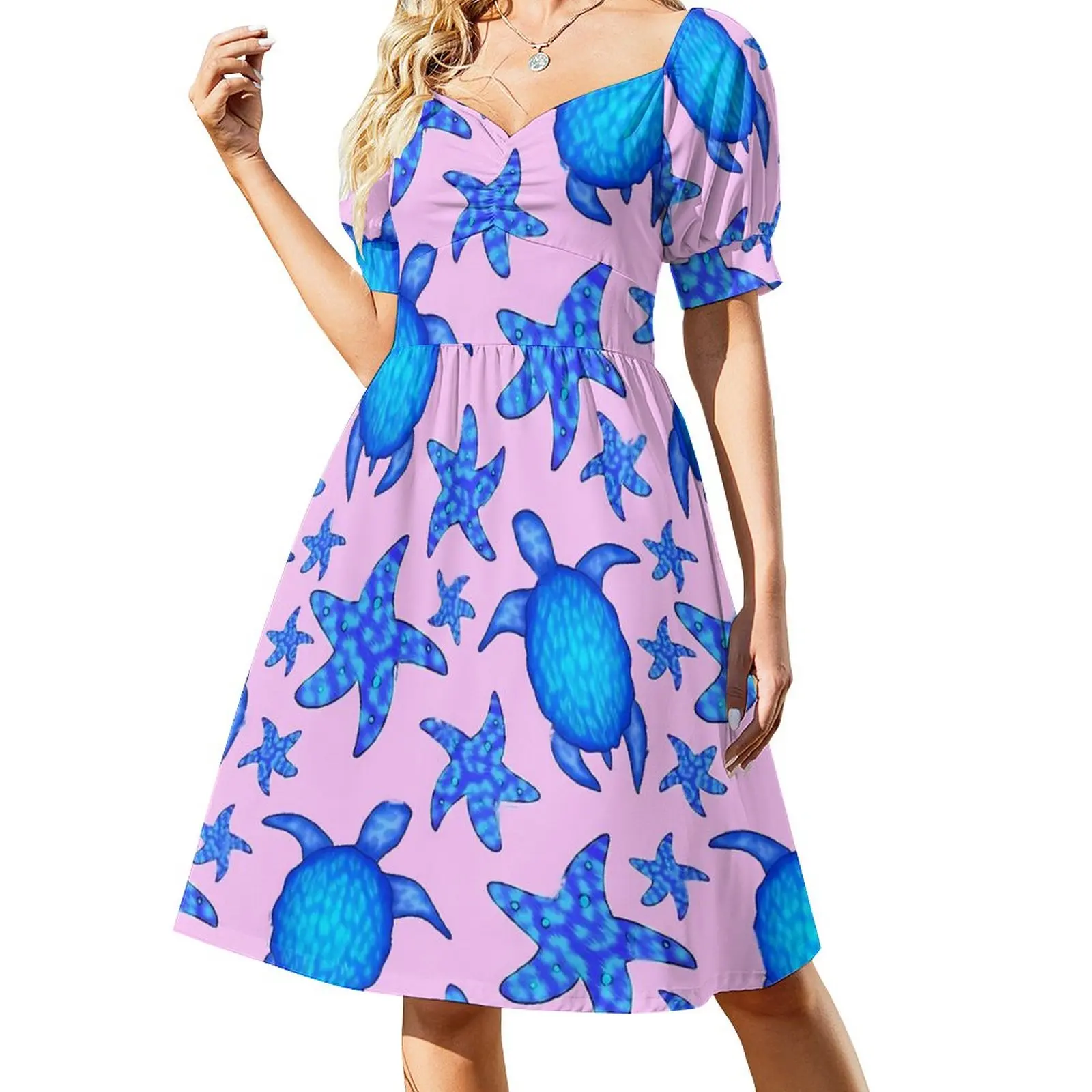 

Ocean Turtles Casual Dress Lovely Starfish Street Fashion Dresses Sexy V Neck Retro Graphic Dress Big Size 4XL 5XL