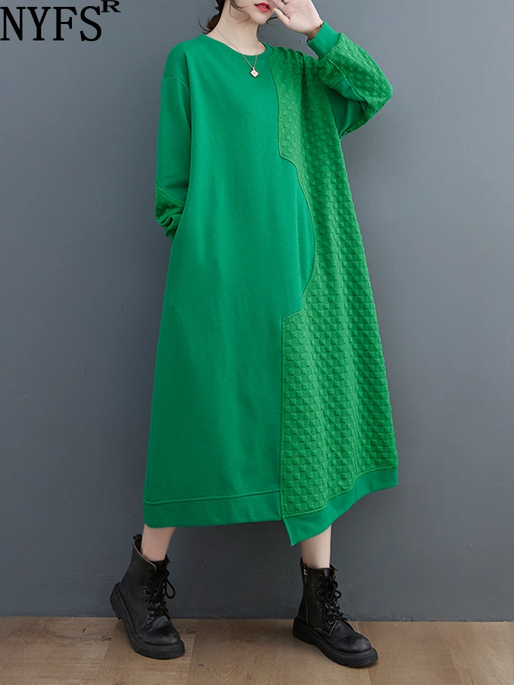 

NYFS 2022 New Autumn Korea Loose Plus Size Woman Dress Vestidos Robe Elbise Jacquard Stitching Solid Long Sleeve Dresses