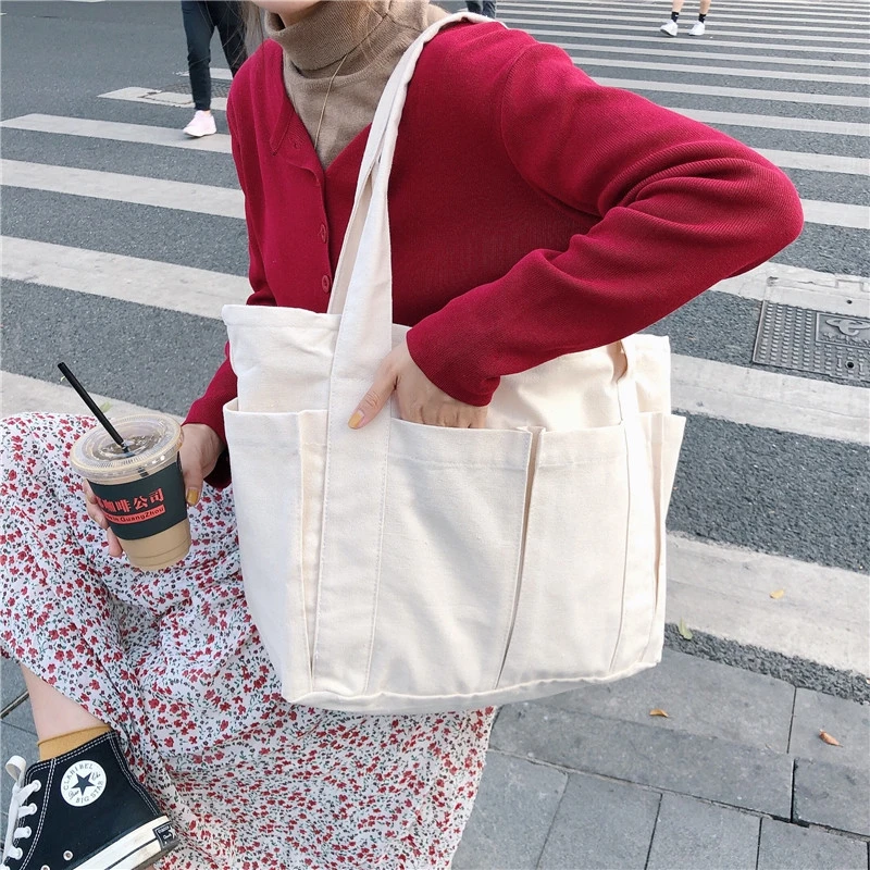 

Холщовая Сумка-тоут на плечо для женщин, вместительный однотонный тканевый саквояж для покупок, дорожная школьная сумка с несколькими карманами