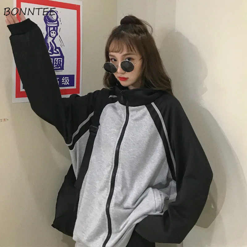 

Sweatshirts Women Loose Vintage Patchwork Stand Collar Leisure Feminino Harajuku Student Prevalent Thicker Ulzzang All-match Ins