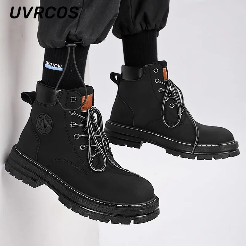 

Men High-top Leather Shoes British Style Tooling Boots Mid-tube Solid Color Lace-up Non-slip Thick-soled