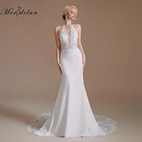merdelan v neck satin 2022 mermaid wedding dress simple backless sleeveless bridal gowns with buttons sweep train vestido